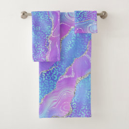 Vibrant Purple Blue Geode & Silver Leopard Print バスタオルセット