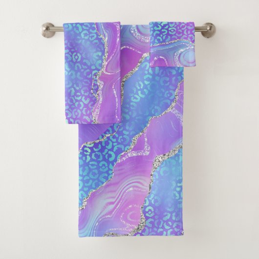 Vibrant Purple Blue Geode & Silver Leopard Print バスタオルセット (インサイチュ)