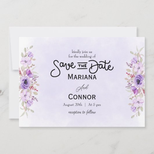 Vibrant Purple Floral Wedding Save the Date 招待状 (正面)