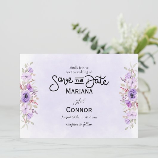 Vibrant Purple Floral Wedding Save the Date 招待状 (スタンド正面)
