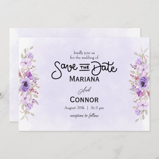 Vibrant Purple Floral Wedding Save the Date 招待状 (正面/裏面)