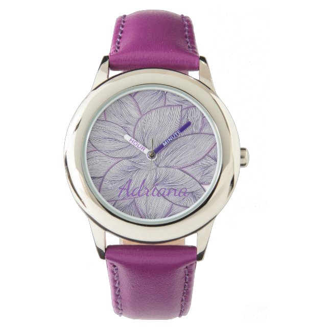 Vibrant Purple Flower Pattern Custom Name Watch 腕時計 (正面)