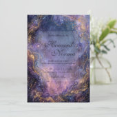 Vibrant Purple Gold Celestial Nebula Wedding 招待状 (スタンド正面)