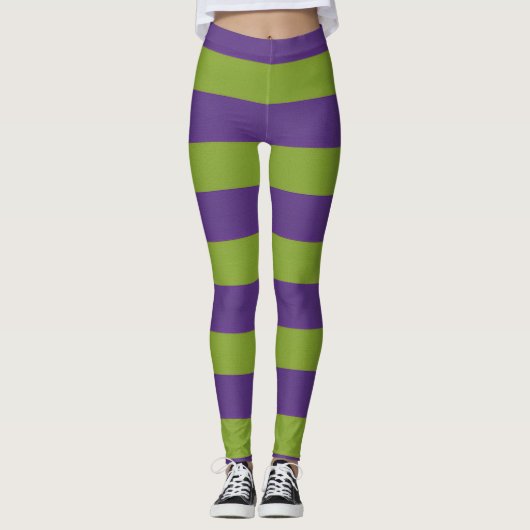 Vibrant Purple Lime Green Striped Halloween Witchy レギンス (正面)