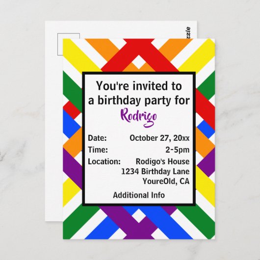 Vibrant Rainbow Diagonal Stripes Party Invite ポストカード (正面/裏面)