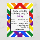 Vibrant Rainbow Diagonal Stripes Party Invite ポストカード (正面)