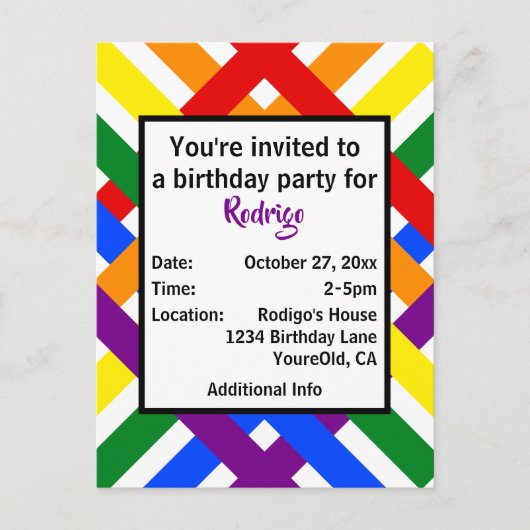 Vibrant Rainbow Diagonal Stripes Party Invite ポストカード (正面)