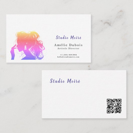 Vibrant Rainbow Hair Stylist Studio Moire QR Code 名刺 (正面/裏面)