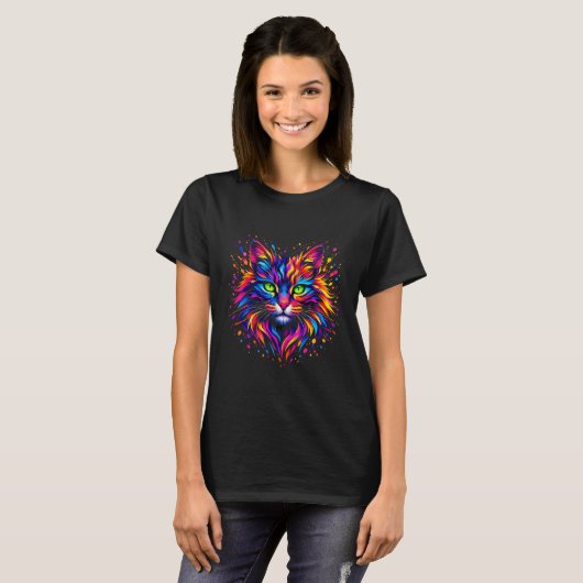 Vibrant Rainbow Neon Cat Splash Art Paint Splatter Tシャツ (正面フル)