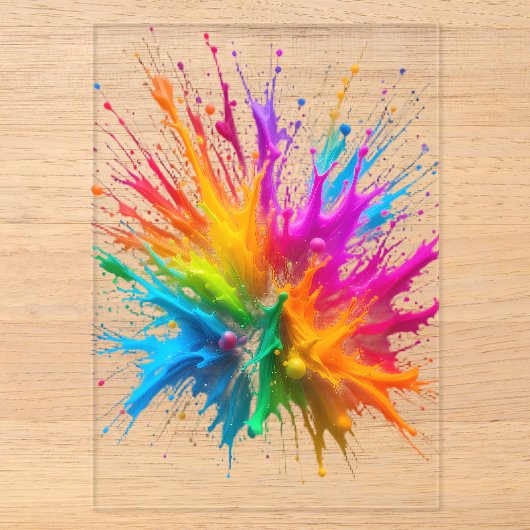 Vibrant Rainbow Paint Splatter Explosion アクリル招待状 (正面)