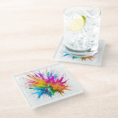 Vibrant Rainbow Paint Splatter Explosion ガラスコースター (アングル)