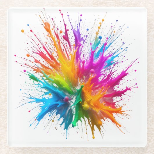 Vibrant Rainbow Paint Splatter Explosion ガラスコースター (正面)