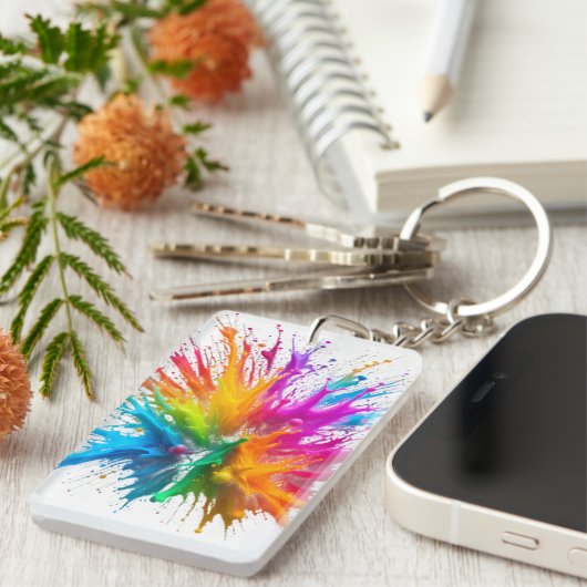 Vibrant Rainbow Paint Splatter Explosion キーホルダー (正面右)