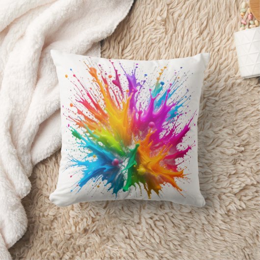 Vibrant Rainbow Paint Splatter Explosion クッション (ブランケット)