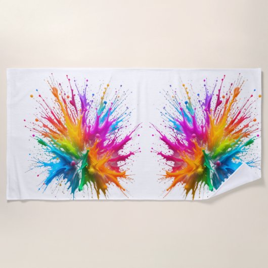Vibrant Rainbow Paint Splatter Explosion ビーチタオル (正面)