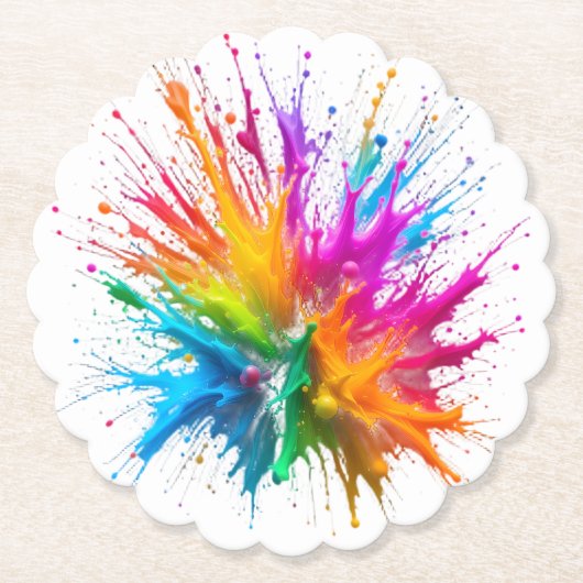 Vibrant Rainbow Paint Splatter Explosion ペーパーコースター (正面)