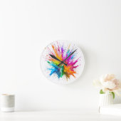 Vibrant Rainbow Paint Splatter Explosion ラウンド壁時計 (ホーム)