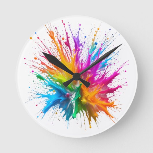 Vibrant Rainbow Paint Splatter Explosion ラウンド壁時計 (正面)