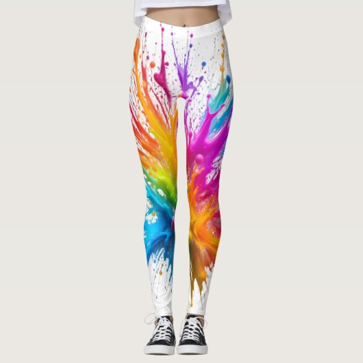 Vibrant Rainbow Paint Splatter Explosion レギンス (正面)