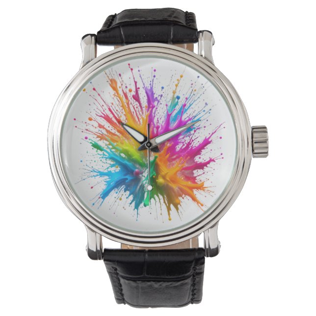 Vibrant Rainbow Paint Splatter Explosion 腕時計 (正面)