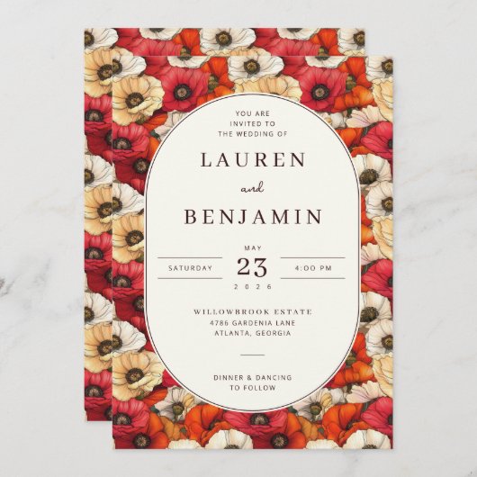 Vibrant Red and Orange Floral Pattern 招待状 (正面/裏面)