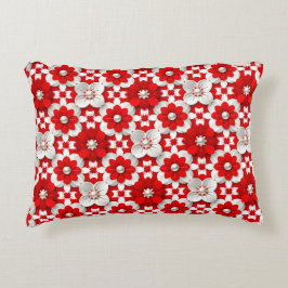 Vibrant Red And White Floral Pattern With Pearl アクセントクッション
