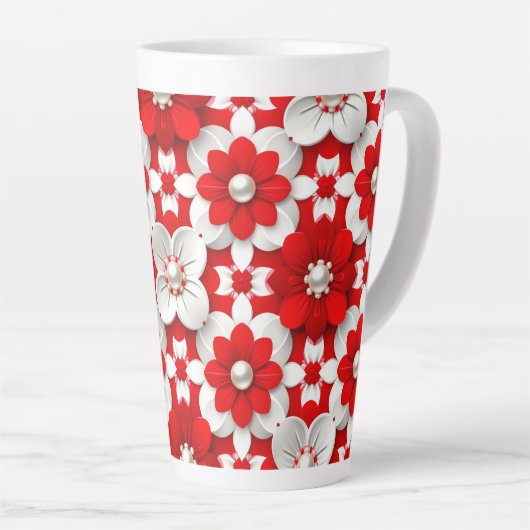 Vibrant Red And White Floral Pattern With Pearl カフェラテマグ (右アングル)