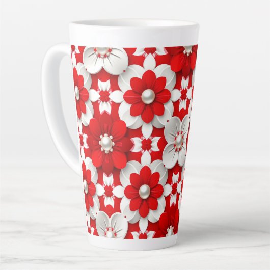Vibrant Red And White Floral Pattern With Pearl カフェラテマグ (左アングル)