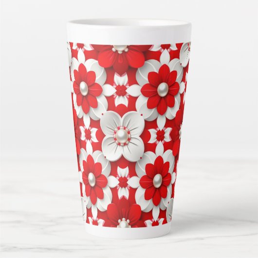Vibrant Red And White Floral Pattern With Pearl カフェラテマグ (正面)