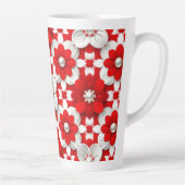 Vibrant Red And White Floral Pattern With Pearl カフェラテマグ (右)