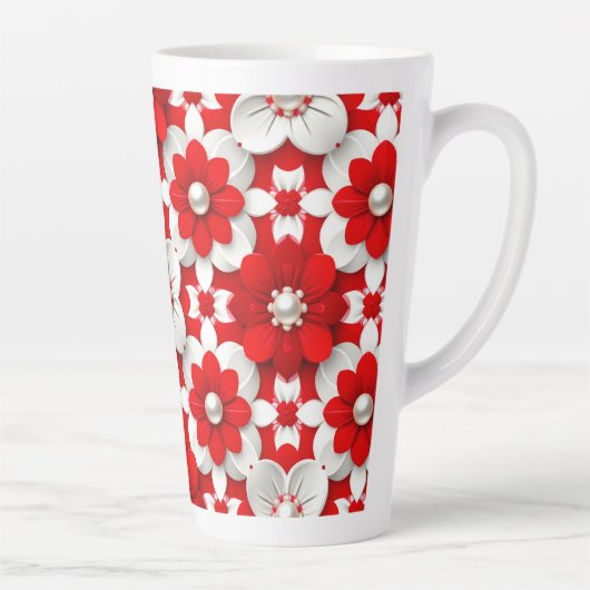 Vibrant Red And White Floral Pattern With Pearl カフェラテマグ (右)