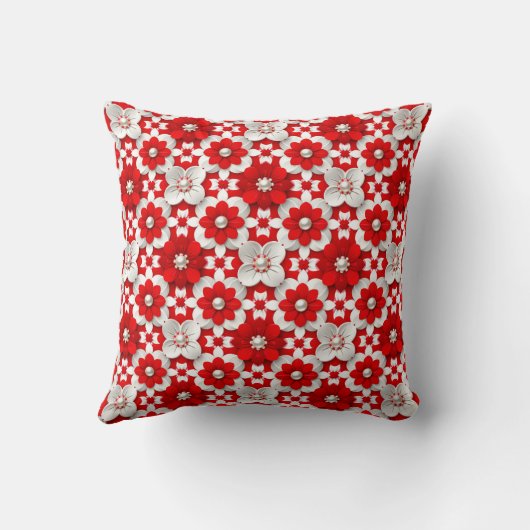 Vibrant Red And White Floral Pattern With Pearl クッション (裏面)