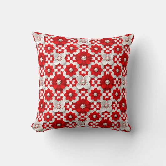 Vibrant Red And White Floral Pattern With Pearl クッション (正面)