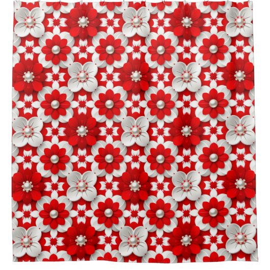 Vibrant Red And White Floral Pattern With Pearl シャワーカーテン (正面)