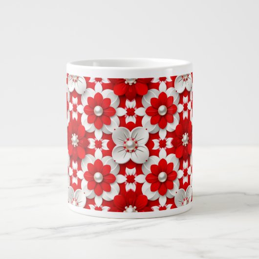 Vibrant Red And White Floral Pattern With Pearl ジャンボコーヒーマグカップ (正面)