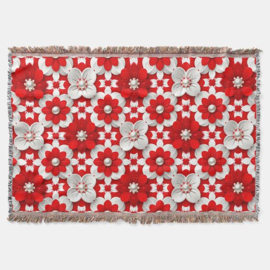 Vibrant Red And White Floral Pattern With Pearl スローブランケット (正面)