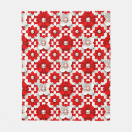 Vibrant Red And White Floral Pattern With Pearl フリースブランケット