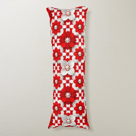 Vibrant Red And White Floral Pattern With Pearl ボディピロー (正面縦)