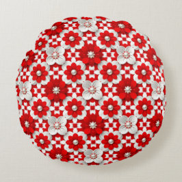 Vibrant Red And White Floral Pattern With Pearl ラウンドクッション