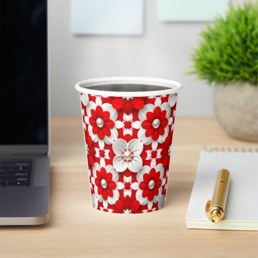 Vibrant Red And White Floral Pattern With Pearl 紙コップ (インサイチュ)