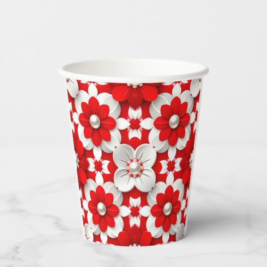 Vibrant Red And White Floral Pattern With Pearl 紙コップ (裏面)