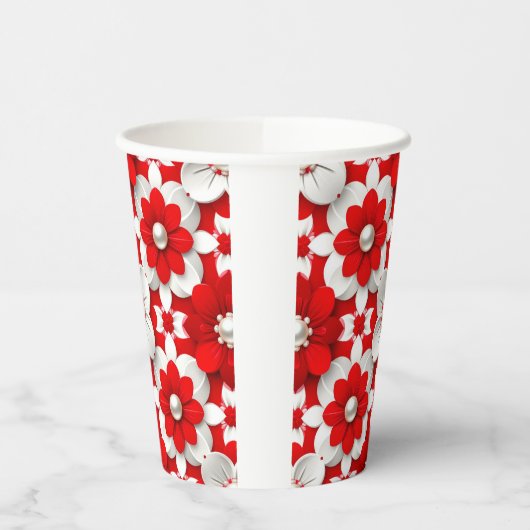 Vibrant Red And White Floral Pattern With Pearl 紙コップ (左)