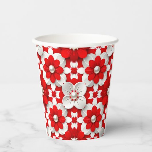 Vibrant Red And White Floral Pattern With Pearl 紙コップ (正面)