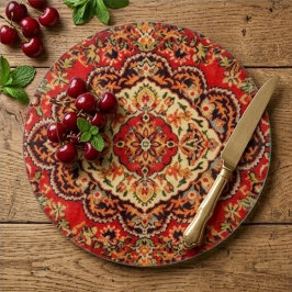 Vibrant Red Floral Medallion Persian Ornate カッティングボード