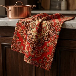 Vibrant Red Floral Medallion Persian Ornate キッチンタオル