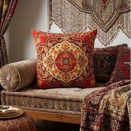 Vibrant Red Floral Medallion Persian Ornate クッション