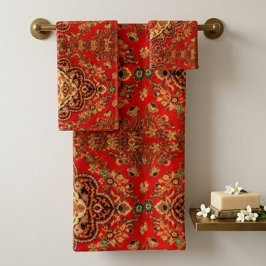 Vibrant Red Floral Medallion Persian Ornate バスタオルセット