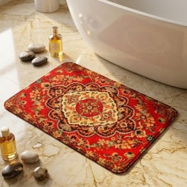 Vibrant Red Floral Medallion Persian Ornate バスマット