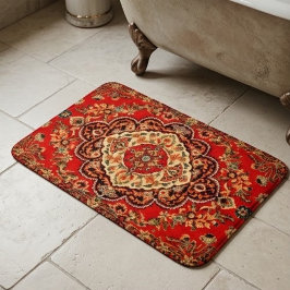 Vibrant Red Floral Medallion Persian Ornate バスマット
