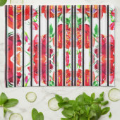 Vibrant red flowers and green leaves on curtains キッチンタオル (折り畳み)